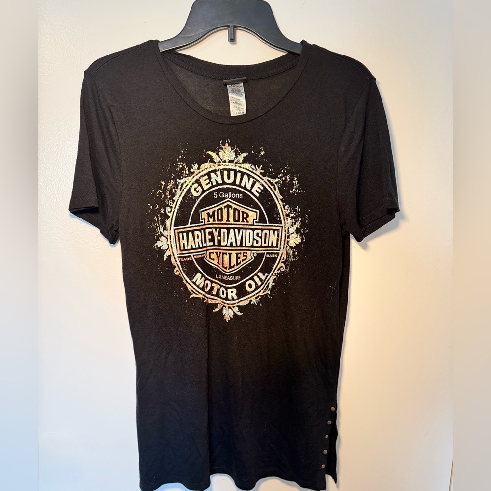 Harley-Davidson Genuine Motor Oil Tee Gold Foil Raging Bull Durham NC w/ studs